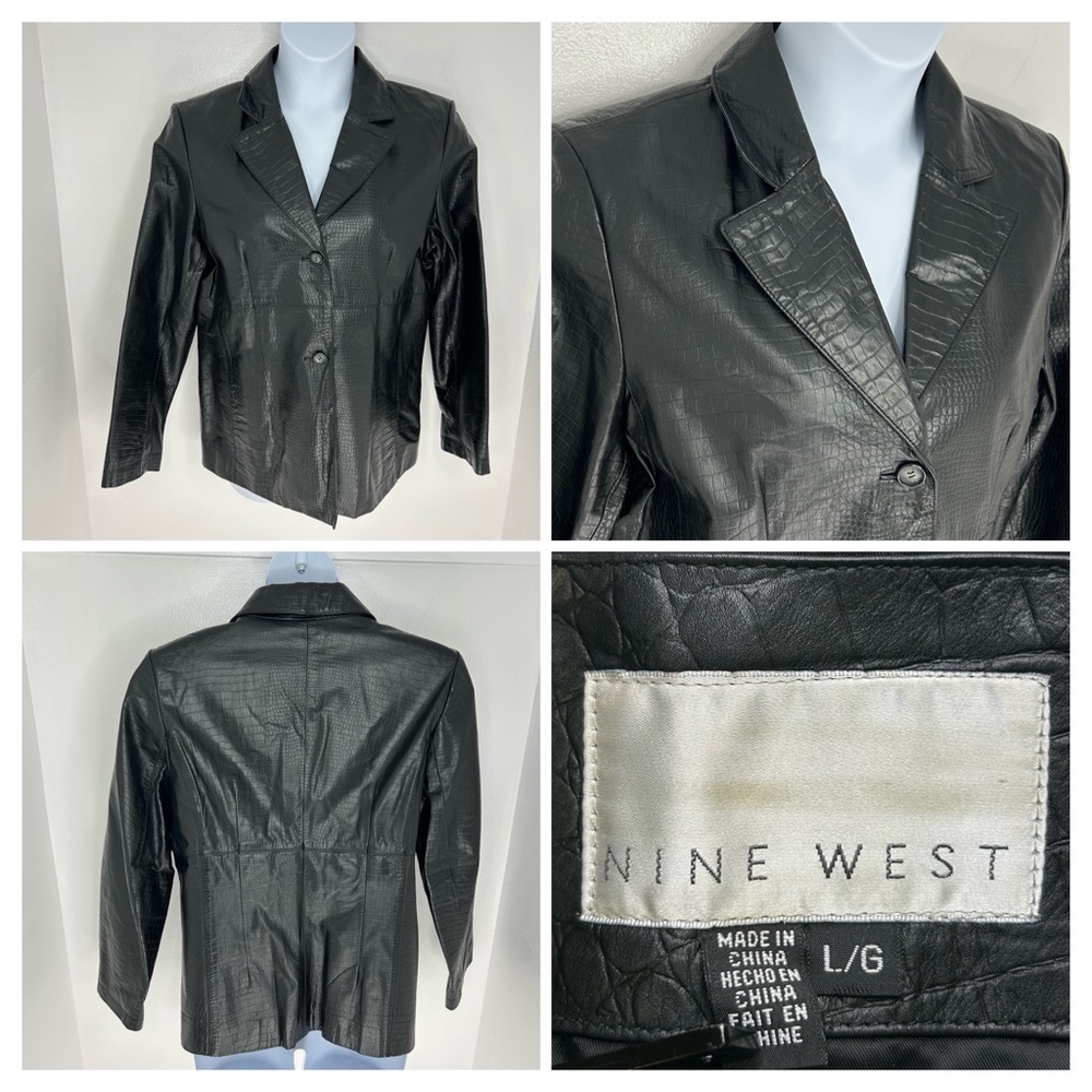Nine West Leather Jacket Coat Black Womens Size Large Crocodile‎ Embossed Y2K